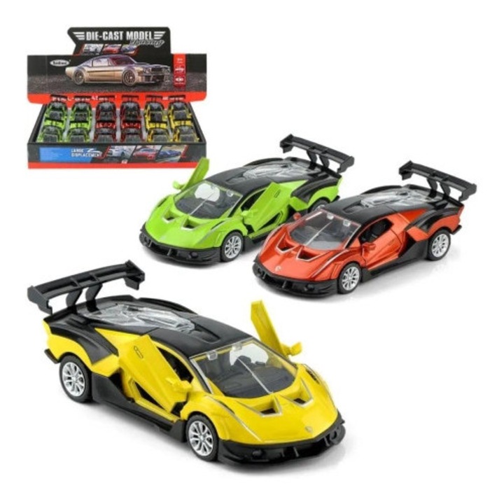 Masinuta metalica sportiva Trifox, model Die-Cast, design agresiv, culori vii, 12cm, set disponibil