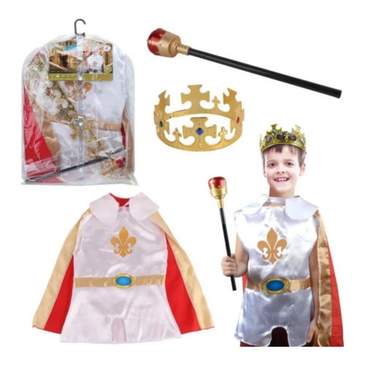 Costum de carnaval pentru baieti, Trifox, set complet cu mantie, coroana si berlo, rosu si alb, 3-7 ani