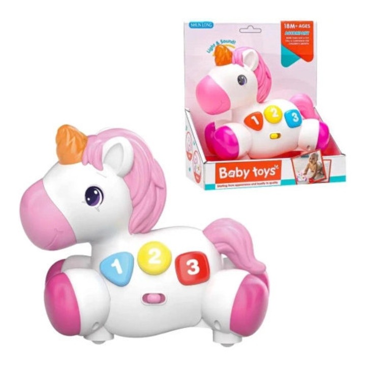 Jucarie interactiva Trifox, unicorn cu lumini si sunete, 19x20x9cm, pentru copii 18 luni+