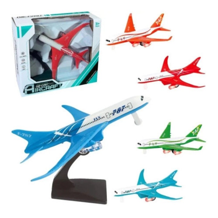 Model metalic de avion de pasageri Trifox, interactiv, lumini si sunete, 22x20x9cm