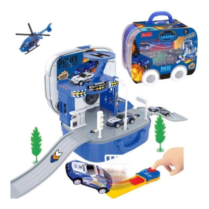 Set jucarie interactiva PLAY&GO, baza politieneasca, vehicule de politie, elicopter, 16x13x8cm