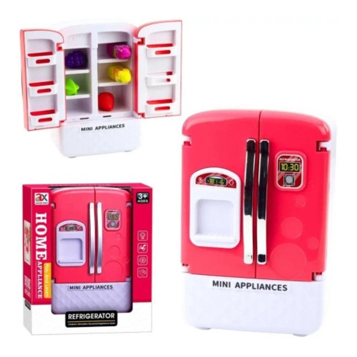 Trifox minihűtő, kétajtós modell, rózsaszín-fehér, 18x22x10cm, kiegészítőkkel