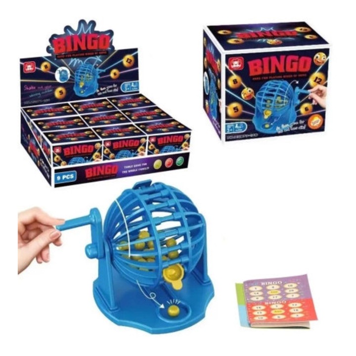 Joc de societate Bingo, Trifox, set complet cu bile si cartonase, albastru, 10x9x8 cm