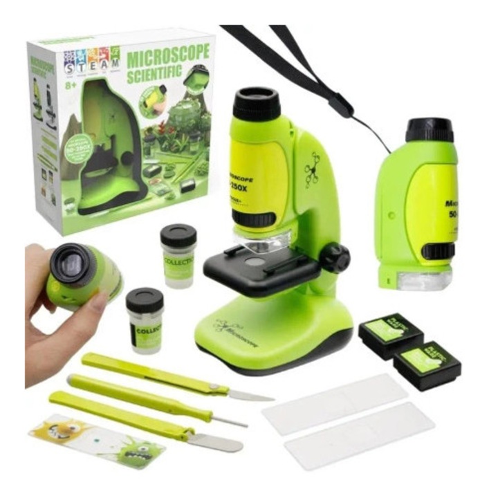 Mikroscop 2-in-1 Scientific Microscope, iluminare LED, 50x-250x, limonkowo-zielony, 22x22x8cm