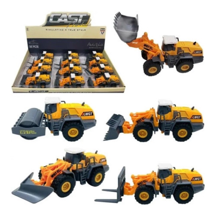 Set utilaje de constructie Trifox, incarcator cu accesorii interschimbabile, design realist, galben-negru, 17cm