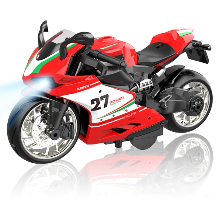 Motociclete de jucarie - Replica simulare motocicleta Ducati, scala 1:12, 12.7x4.06x6.86 cm, material aliaj, cu efecte luminoase si sonore, actionare prin frecare. Potrivita ca cadou, pentru colectie sau expunere