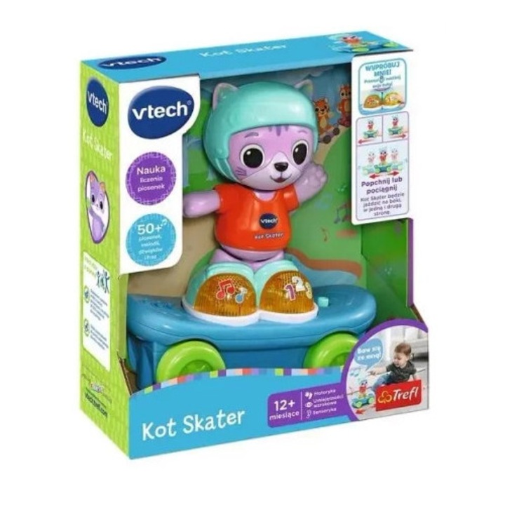 Jucarie interactiva copii, Vtech, Kot Skater, invatare prin muzica, 30x15x20cm