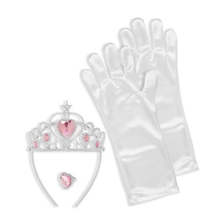 Set printesa, Widmann, manusi albe, diadema argintie cu pietre roz, inel cu inima