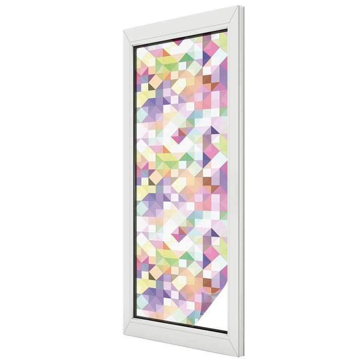 Folie geam vitraliu, Tulup, Compozitie geometrica cu triunghiuri colorate, Protectie Solara si Intimitate, 50x146 cm, Ideal Pentru Decor Interior, 010450850070000012941