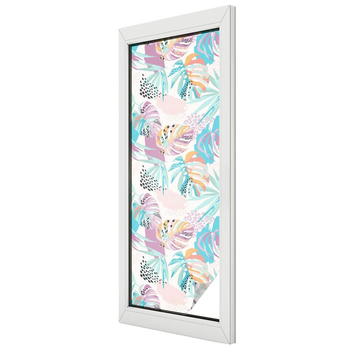 Autocolant Pentru Geam si Folie Decorativa Autoadeziva, Tulup, Frunze tropicale in nuante pastelate, Intimitate pentru Geamuri si Ferestre, 50x146 cm, Ideal Pentru Decor Interior, 010450850070000282886