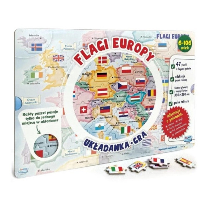 Puzzle educational cu harta Europei si 47 de piese cu steaguri, Wydawnictwo Jako, 2-4 jucatori, cutie de carton