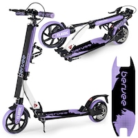 Trotineta urbana Bervee Classic, Pliabila, Roti mari din cauciuc de 200 mm, Suspensie fata si spate, Frana pe disc, Pentru copii si adulti, Baieti si fete, De la 6 ani, Ghidon reglabil, Curea de transport, Suport pentru sticla de apa, Negru/Violet/Alb