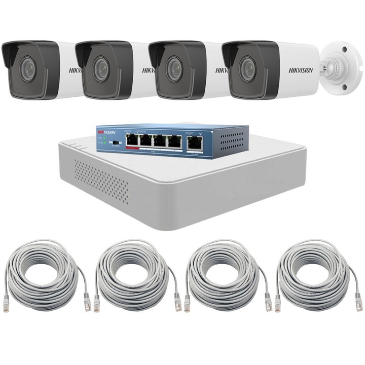 Kit Supraveghere HIKVISION, 4 camere IP 2MP, NVR 4 canale, IR 30m, PoE, Accesorii