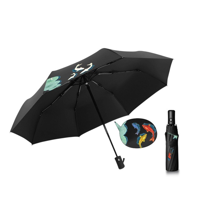 Umbrela Pliabila 3 IN 1, Cu Modelat, Isi Schimba Culoarea Cand Este Uda, AEWOYAD®, Maner Nasturi, 8 Coaste, Deschidere si Inchidere Automata, Rezistenta La Vant, Protectie Solara, 107 cm, Portabil si Durabil, Unisex, Negru