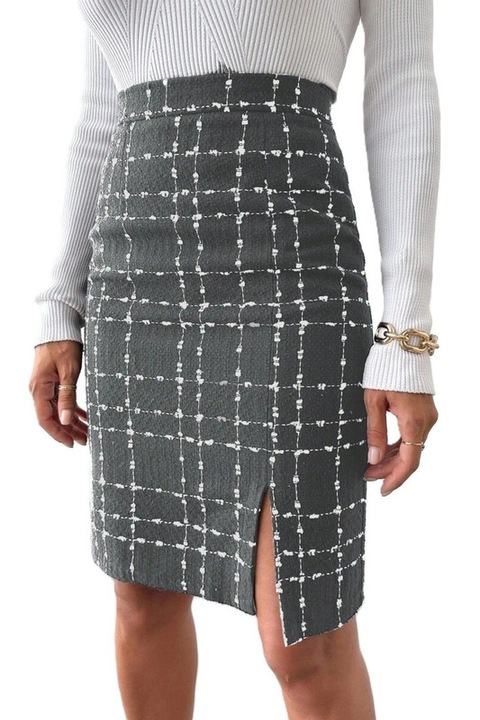Fusta Dama, Din Tweed, Tiv Despicat, Talie Inalta, Gri inchis