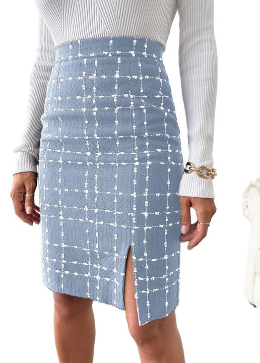 Fusta Dama, Din Tweed, Tiv Despicat, Talie Inalta, Albastru deschis