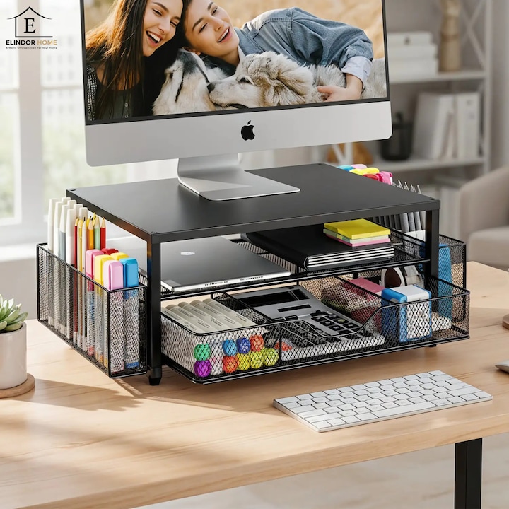 Suport Birou Elindor® pentru Monitor sau Laptop, Organizator Universal, Multifunctional, Antiderapant, Spatiu Lateral Pixuri, Sertar Glisant, pentru Masa, Ideala la Munca sau Acasa, 40 x 24 x 16 cm, Negru