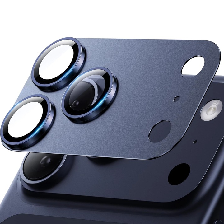 Folie Protectie Camera compatibila cu iPhone 17 Pro, Omelivon, Full Cover, Protectie Profesionala, Sticla temperata 9H, Ultra HD, Anti Amprente, Anti Zgarieturi, Anti Socuri, Albastru inchis