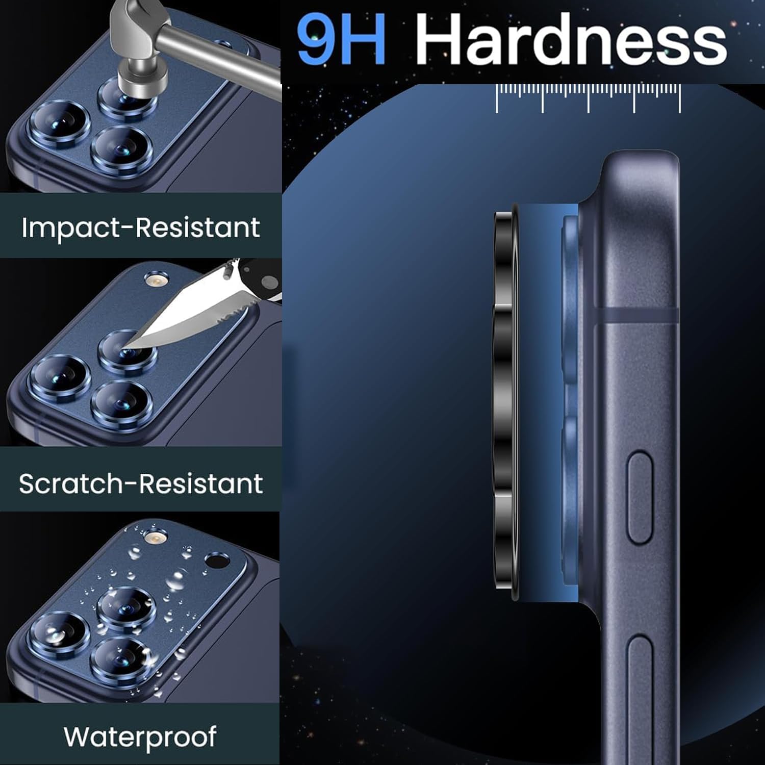 Folie Protectie Camera compatibila cu iPhone 17 Pro, Omelivon, Full Cover, Protectie Profesionala, Sticla temperata 9H, Ultra HD, Anti Amprente, Anti Zgarieturi, Anti Socuri, Albastru inchis