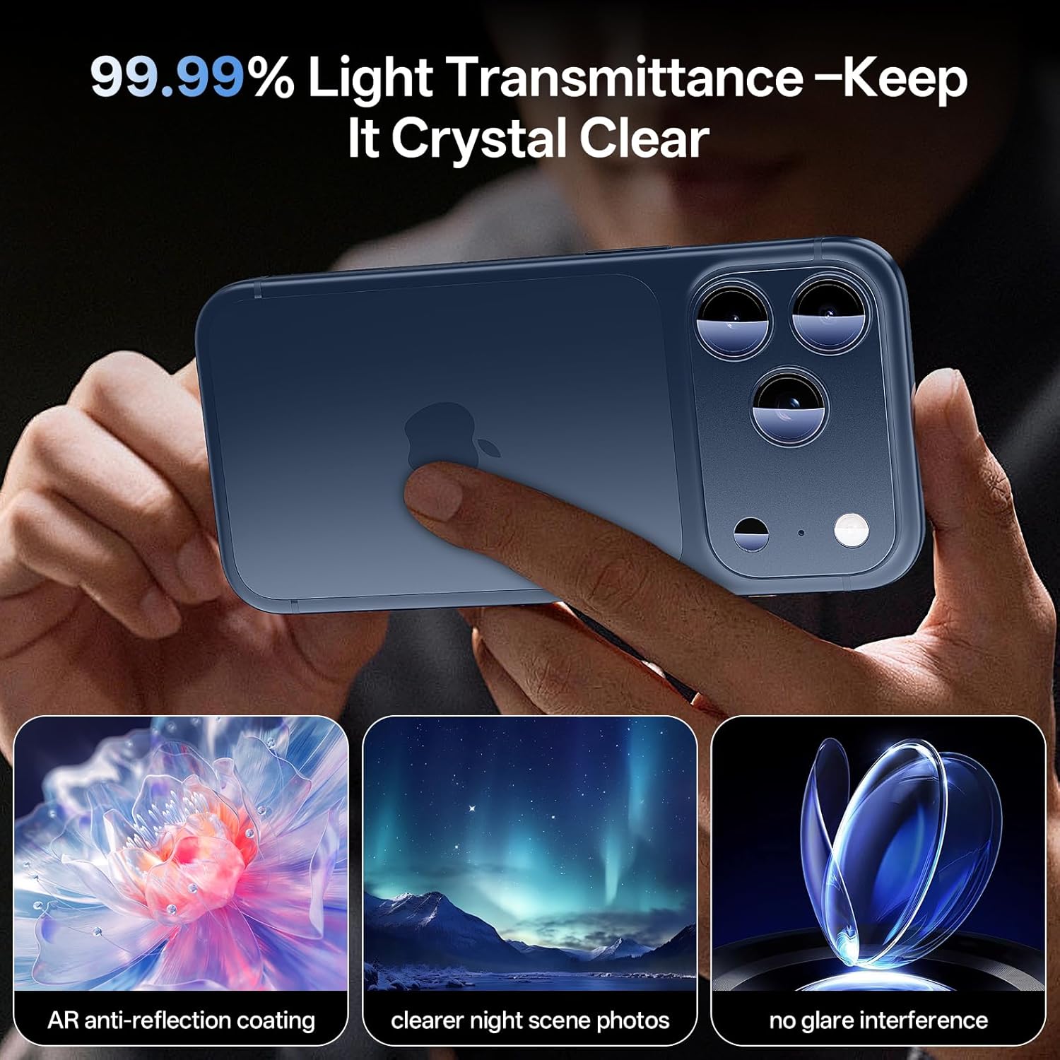 Folie Protectie Camera compatibila cu iPhone 17 Pro, Omelivon, Full Cover, Protectie Profesionala, Sticla temperata 9H, Ultra HD, Anti Amprente, Anti Zgarieturi, Anti Socuri, Albastru inchis