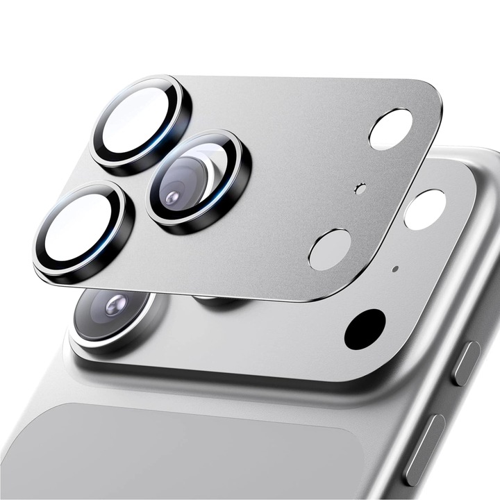 Folie Protectie Camera compatibila cu iPhone 17 Pro Max, Omelivon, Full Cover, Protectie Profesionala, Sticla temperata 9H, Ultra HD, Anti Amprente, Anti Zgarieturi, Anti Socuri, Argintiu
