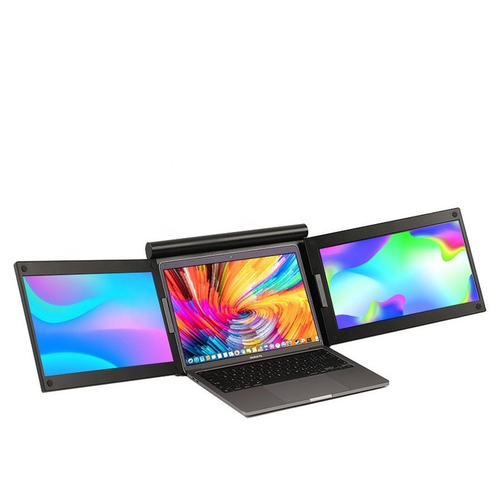 Monitor Extensibil Tri-Screen Pentru Laptop Premium, Dimensiune Ecrane 13,3 INCH, Portabil, Compatibil cu Ios, Android, Windows, Mac, Pliabil, LED, Design Modern Si Compact, Negru