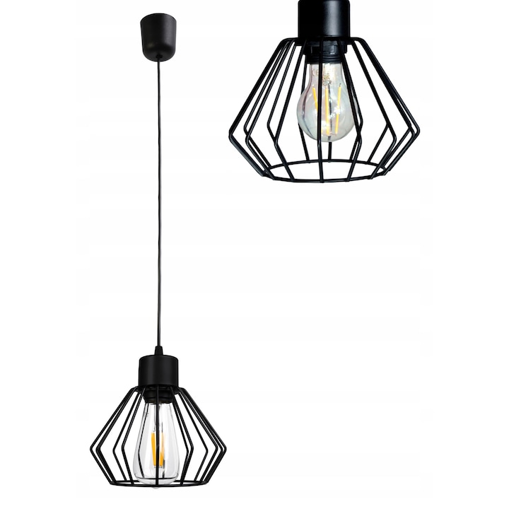 Pendul Led-one BRYLANT DRUTI Negru 1x60W, abajur diamant 18cm, înălțime cablu ajustabil 80cm