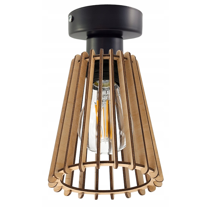Plafon LED Loft, 1xE27, Negru/Bej, 22cm, abajur lemn