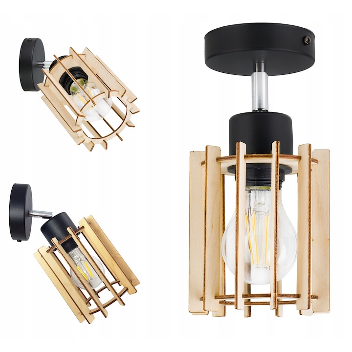 Lampa suspendată Led-one cilindru lemn negru/bej, dimensiuni 12.5x14cm, soclu E27