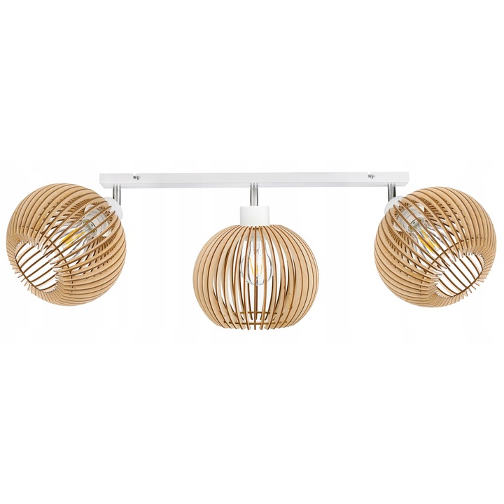 Lustra LED LOFT cu 3 becuri E27, metal, abajur din lemn, 230V, stil industrial