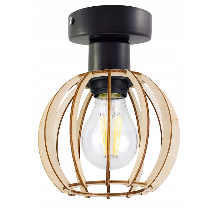 Candelabru Led-one, stil Loft, abajur din lemn, negru, 1x E27, 22cm