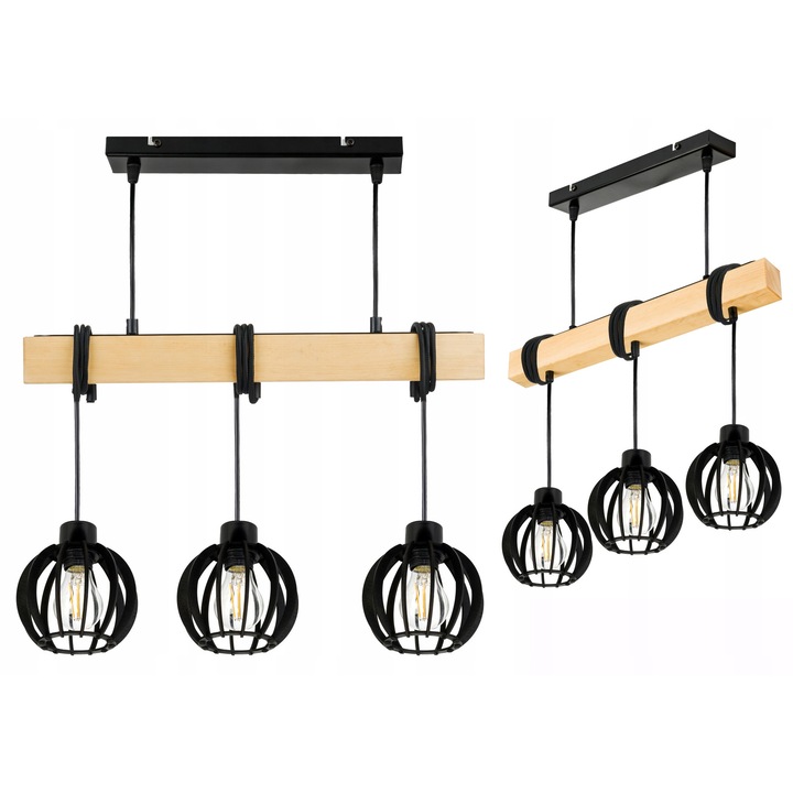 Pendul Led-one, lumină suspendată cu 3 abajururi, lemn negru, înălțime ajustabilă max. 150 cm