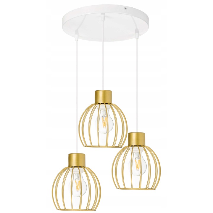 Lustra Suspendată Aurie, 3 Becuri E27, Stil Loft, Înălțime Ajustabilă, Diametru Bază 30cm
