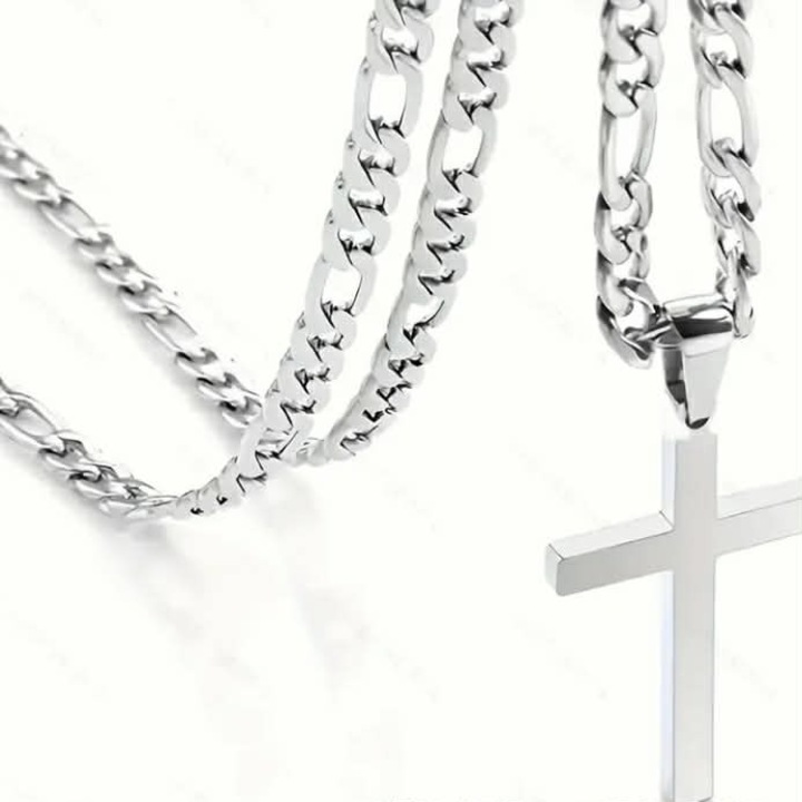 Rozsdamentes acél, férfi nyaklánc, kereszt medál, ezüst szín, 60 cm kereszt lánc r437