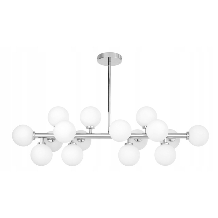 Lustra moderna Lumina Deco Petrica, crom, 16 globuri albe din sticla, 90x45-75cm