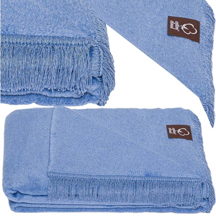 Patura bumbac-acril cu franjuri Basic Cotton Cloud 150x200cm 430 g/m² – Albastru Nord, pled rece, patura decor