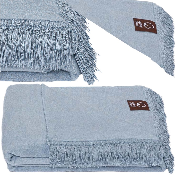 Patura bumbac-acril cu franjuri Basic Cotton Cloud 150x200cm 430 g/m² – Turcoaz/Morski, pled colorat