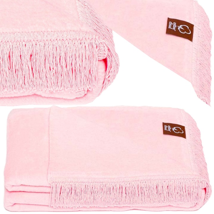 Patura bumbac-acril cu franjuri Basic Cotton Cloud 150x200cm 430 g/m² – Roz Deschis, patura pastel, pled decorativ