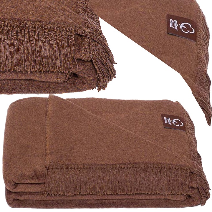 Patura bumbac-acril cu franjuri Basic Cotton Cloud 150x200cm 430 g/m² – Maro Inchis, pled gros, patura eleganta