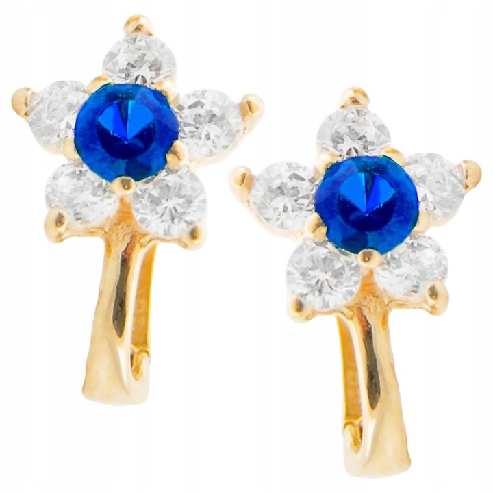 Cercei aur galben 585 copii, floare, zirconiu safir, 8x10mm