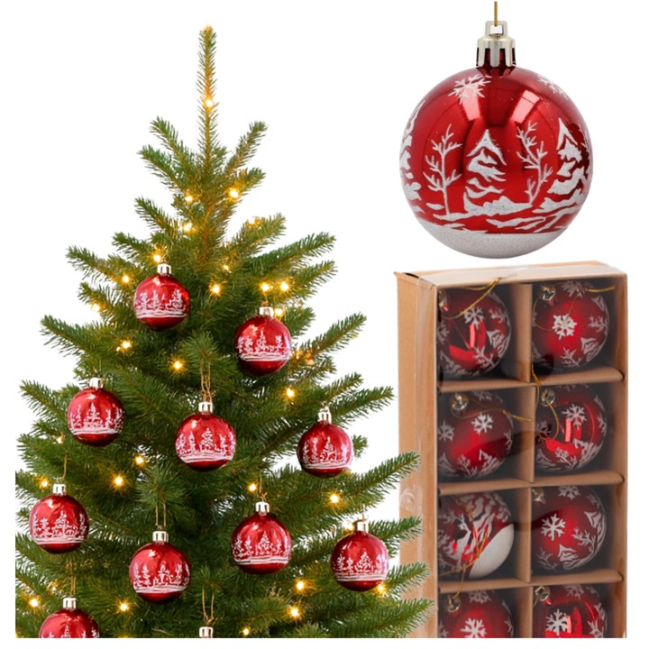 Globuri rosii zdobite, Bobimarket, set 8 bucati, rezistente la socuri, finisaj mat lucios, design clasic, decor brad elegant