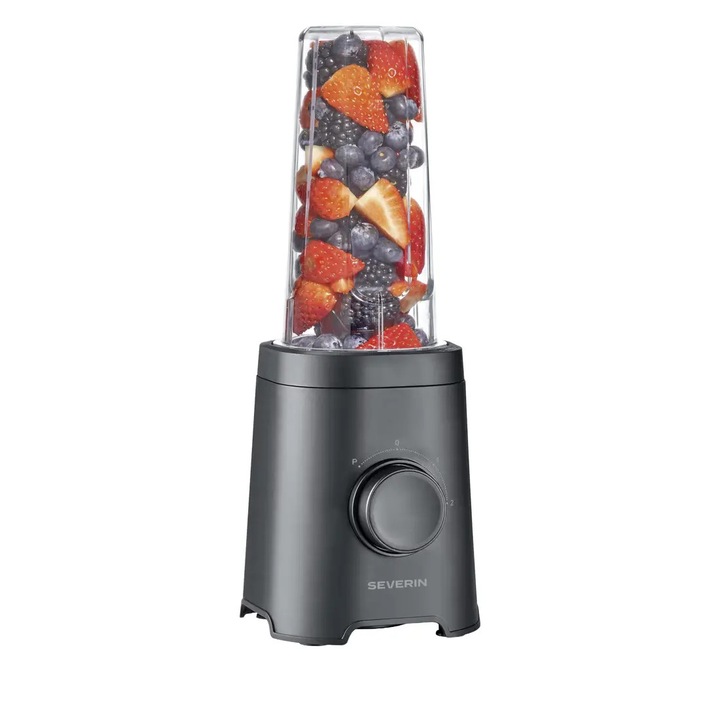 Блендер 2в1 Severin, Смути миксер, 0.6 л, идеален за смутита/шейкове/бебешка храна, 2 степени на мощност, функция Pulse, самопочистване, остриета от неръждаема стомана, 2 включени контейнера, подходящи за съдомиялна машина, система To-Go, без BPA, черен