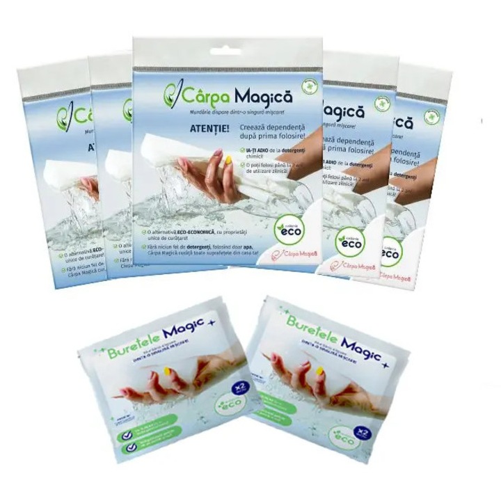 Set Premium Curatenie: 5 Lavete Microfibra Eco (Carpa Magica) + 2 Burete Magic (Buretele Magic)