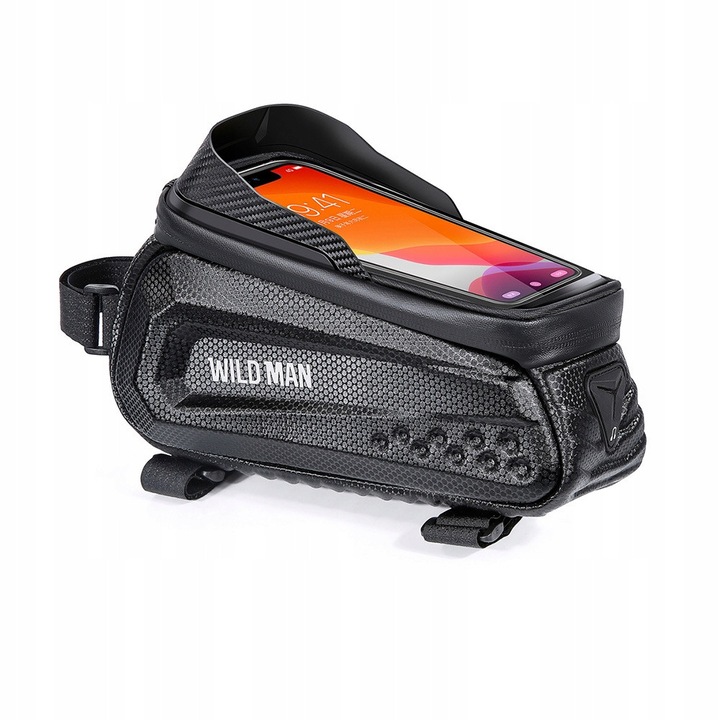 Geantă bicicletă Wild Man E10 impermeabilă cu suport telefon, 1L, neagră, 240x110x150mm