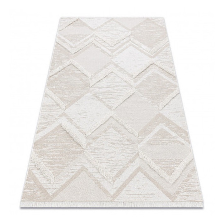 Kab. Fonott Sizal szőnyeg MOROC 22314 rombuszok, vonalak, boho rojt - szerkezeti bézs / krém 78x150 cm