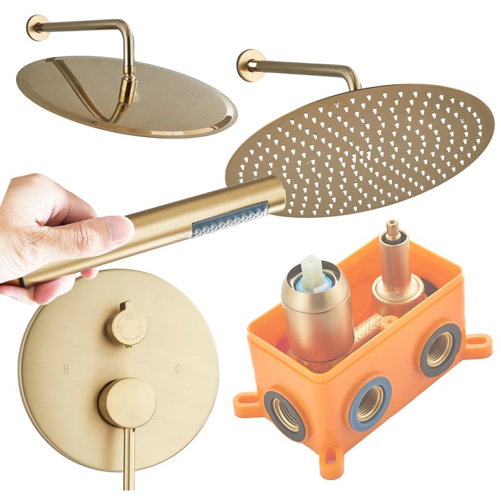 Set de dus subtire 30 cm, Ari, aur periat, montaj in perete, furtun 150 cm