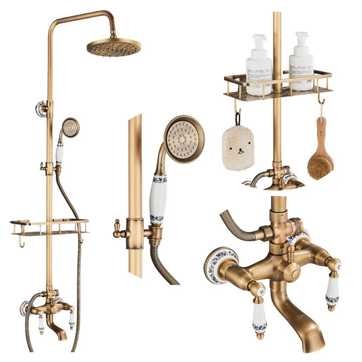 Set de dus Retro cu deschidere reglabila, mosiad, polca pentru cosmetice, 150cm