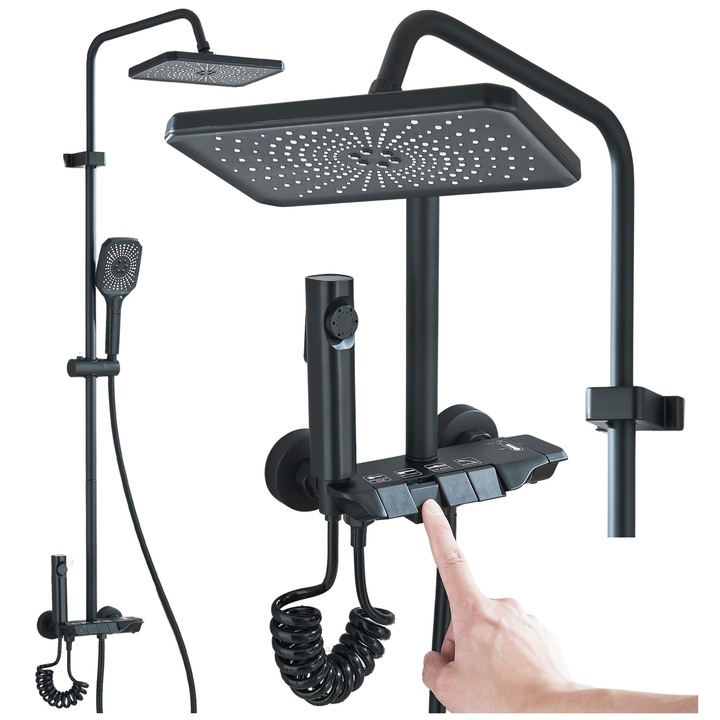 Set de dus cu baterie bidet, Ari, negru, mosiad, inox, 360° rotire, 150 cm