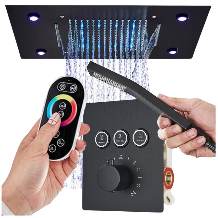 Set de dus Ari, negru, termostat, diverse forme de natris, dimensiuni 50x36cm