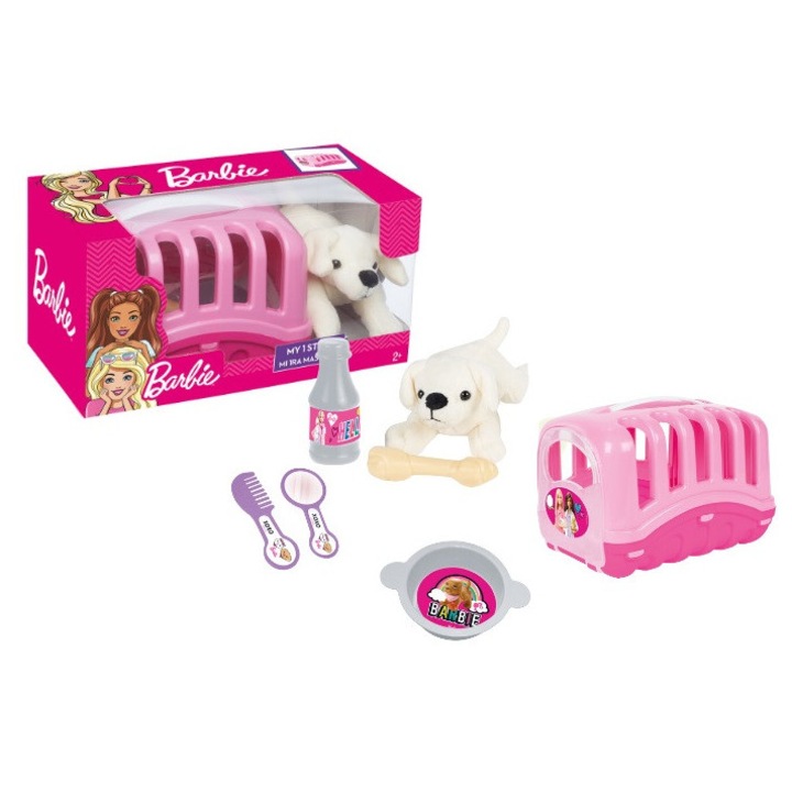 Set jucarii de plus, Barbie, primul meu catel, alb, cu transportor roz si accesorii de ingrijire